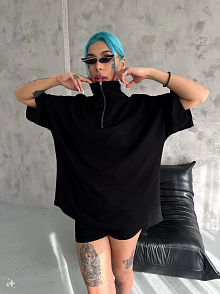 Kadın Yarım Fermuarlı Tişört Kısa Kol T-shirt - Siyah