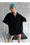 Kadın Yarım Fermuarlı Tişört Kısa Kol T-shirt - Siyah
