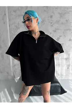 Kadın Yarım Fermuarlı Tişört Kısa Kol T-shirt - Siyah