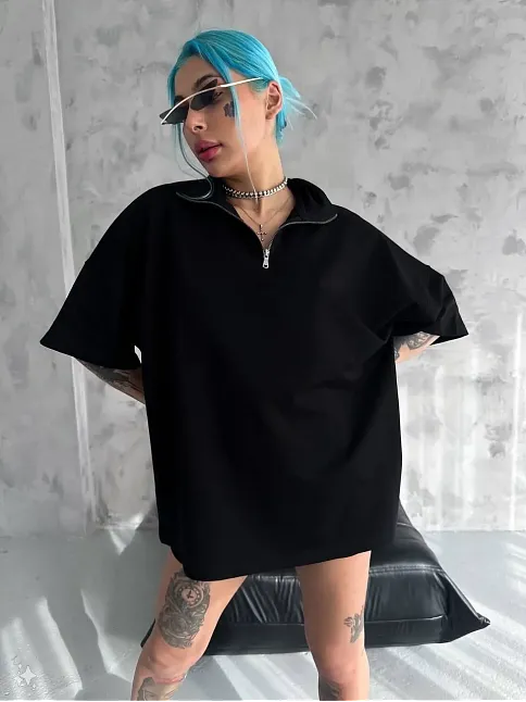 Kadın Yarım Fermuarlı Tişört Kısa Kol T-shirt - Siyah