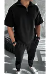 Erkek Yarım Fermuarlı Kısa Kol T-shirt - Siyah