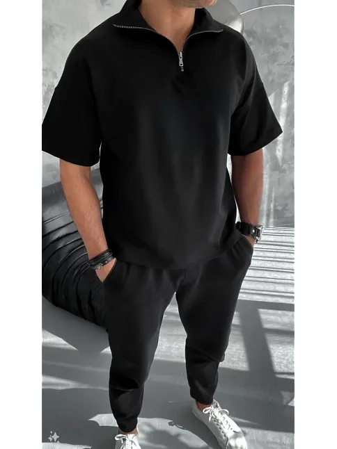 Erkek Yarım Fermuarlı Kısa Kol T-shirt - Siyah