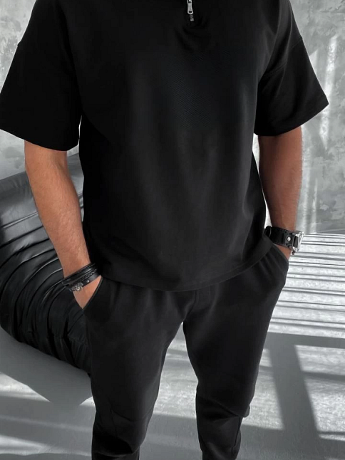 Erkek Yarım Fermuarlı Kısa Kol T-shirt - Siyah