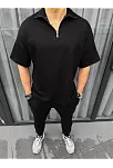 Erkek Yarım Fermuarlı Kısa Kol T-shirt - Siyah