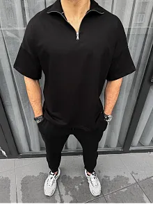 Erkek Yarım Fermuarlı Kısa Kol T-shirt - Siyah
