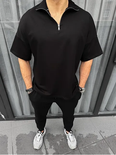Erkek Yarım Fermuarlı Kısa Kol T-shirt - Siyah