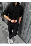 Erkek Yarım Fermuarlı Kısa Kol T-shirt - Siyah