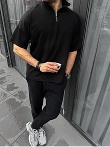 Erkek Yarım Fermuarlı Kısa Kol T-shirt - Siyah