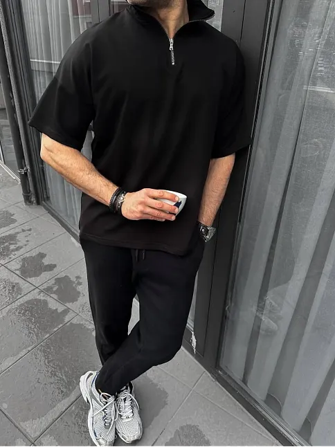 Erkek Yarım Fermuarlı Kısa Kol T-shirt - Siyah