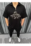 Erkek Yarım Fermuarlı Baskılı Oversize T-shirt - Siyah