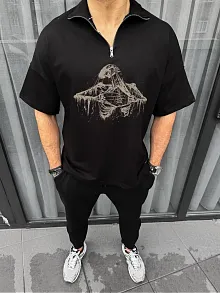 Erkek Yarım Fermuarlı Baskılı Oversize T-shirt - Siyah