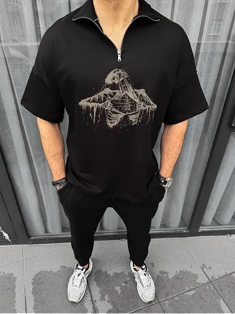 Erkek Yarım Fermuarlı Baskılı Oversize T-shirt - Siyah