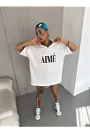 Kadın Yarım Fermuarlı Tişört Kısa Kol Baskılı T-shirt - Beyaz