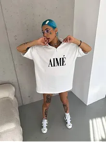 Kadın Yarım Fermuarlı Tişört Kısa Kol Baskılı T-shirt - Beyaz