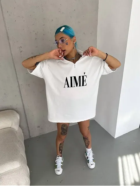Kadın Yarım Fermuarlı Tişört Kısa Kol Baskılı T-shirt - Beyaz