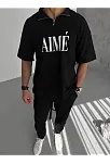 Erkek Tişört Yakalı Yarım Fermuarlı  Kısa Kol Baskılı T-shirt - Siyah