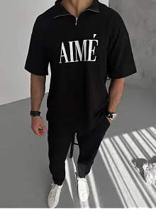 Erkek Tişört Yakalı Yarım Fermuarlı  Kısa Kol Baskılı T-shirt - Siyah