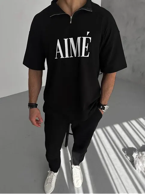 Erkek Tişört Yakalı Yarım Fermuarlı  Kısa Kol Baskılı T-shirt - Siyah