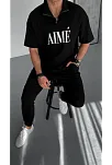 Erkek Tişört Yakalı Yarım Fermuarlı  Kısa Kol Baskılı T-shirt - Siyah