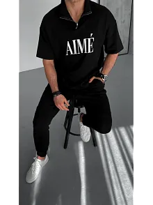 Erkek Tişört Yakalı Yarım Fermuarlı  Kısa Kol Baskılı T-shirt - Siyah
