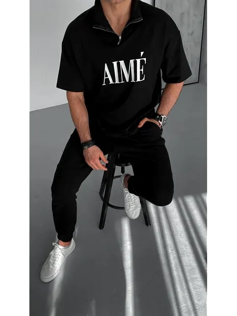 Erkek Tişört Yakalı Yarım Fermuarlı  Kısa Kol Baskılı T-shirt - Siyah