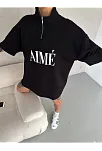 Kadın Yarım Fermuarlı Tişört Baskılı T-shirt - Siyah