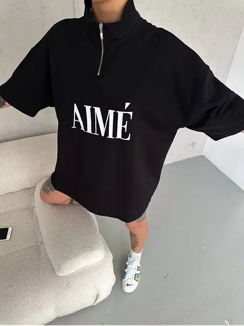 Kadın Yarım Fermuarlı Tişört Baskılı T-shirt - Siyah