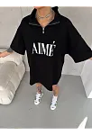 Kadın Yarım Fermuarlı Tişört Baskılı T-shirt - Siyah
