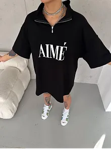 Kadın Yarım Fermuarlı Tişört Baskılı T-shirt - Siyah