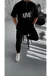 Erkek Tişört Yakalı Yarım Fermuarlı  Kısa Kol Baskılı T-shirt - Siyah