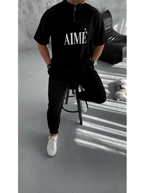 Erkek Tişört Yakalı Yarım Fermuarlı  Kısa Kol Baskılı T-shirt - Siyah