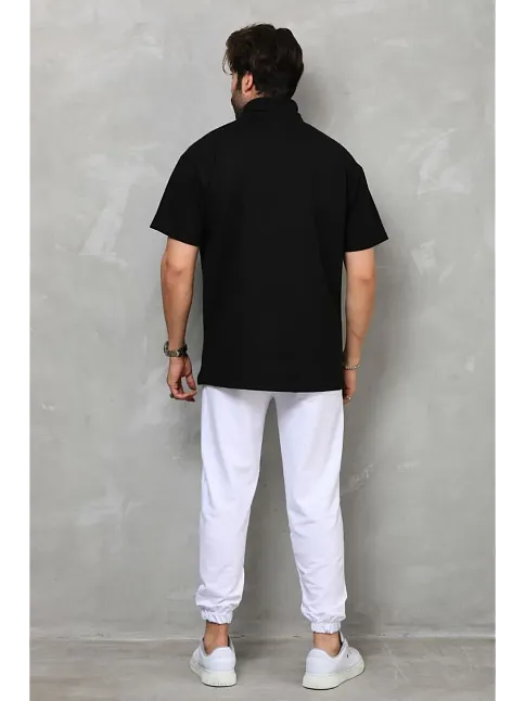 Erkek Yarım Fermuarlı Düz Oversize T-shirt - Siyah