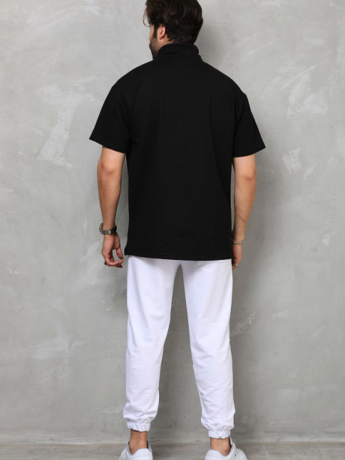 Erkek Yarım Fermuarlı Düz Oversize T-shirt - Siyah