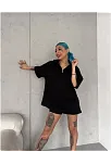 Kadın Yarım Fermuarlı Tişört Düz Oversize T-shirt - Siyah