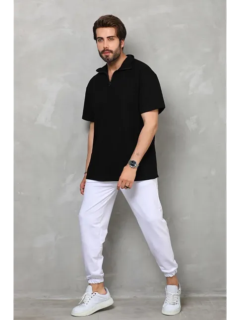 Erkek Yarım Fermuarlı Düz Oversize T-shirt - Siyah