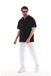Erkek Yarım Fermuarlı Düz Oversize T-shirt - Siyah