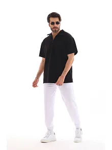 Erkek Yarım Fermuarlı Düz Oversize T-shirt - Siyah