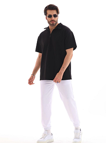 Erkek Yarım Fermuarlı Düz Oversize T-shirt - Siyah