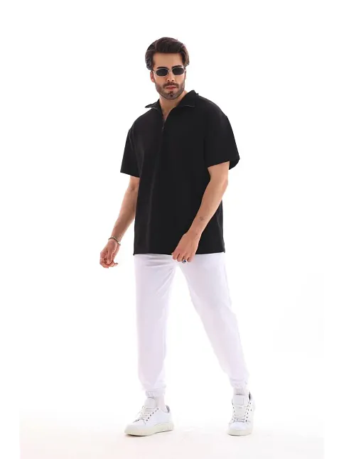 Erkek Yarım Fermuarlı Düz Oversize T-shirt - Siyah