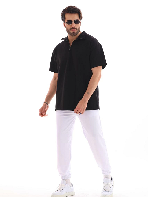 Erkek Yarım Fermuarlı Düz Oversize T-shirt - Siyah