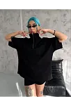 Kadın Yarım Fermuarlı Tişört Düz Oversize T-shirt - Siyah