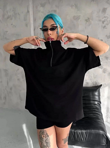 Kadın Yarım Fermuarlı Tişört Düz Oversize T-shirt - Siyah