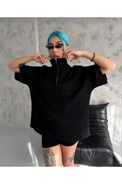 Kadın Yarım Fermuarlı Tişört Düz Oversize T-shirt - Siyah Kadın Yarım Fermuarlı Tişört Düz Oversize T-shirt - Siyah