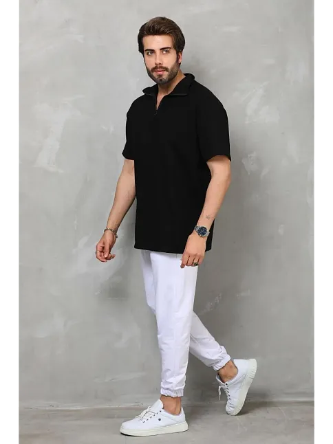 Erkek Yarım Fermuarlı Düz Oversize T-shirt - Siyah