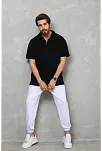 Erkek Yarım Fermuarlı Düz Oversize T-shirt - Siyah