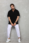 Erkek Yarım Fermuarlı Düz Oversize T-shirt - Siyah