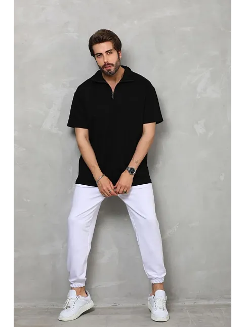 Erkek Yarım Fermuarlı Düz Oversize T-shirt - Siyah