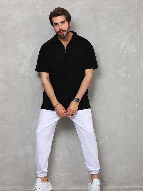 Erkek Yarım Fermuarlı Düz Oversize T-shirt - Siyah