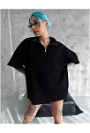 Kadın Yarım Fermuarlı Tişört Düz Oversize T-shirt - Siyah