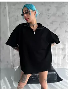 Kadın Yarım Fermuarlı Tişört Düz Oversize T-shirt - Siyah